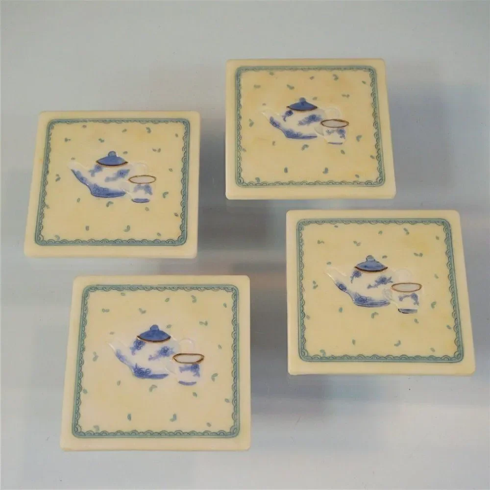 Vintage Tea Time Ceramic Coasters Ivory And Blue With Cork Back Set Of 4